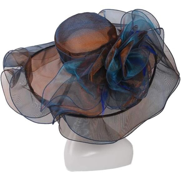 Women Sun Hat Church Wide Brim Brown Blue - Picture 6 of 7